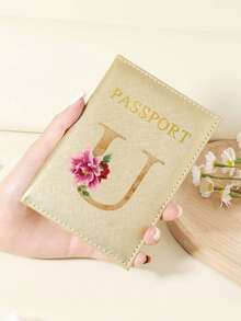 Floral Letter Print Passport Holder Wallet & Card Holder, Slim Travel Purse For Couple, Fits Cards & IDs, Lightweight Portable - Burgundy - View 34