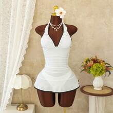 En stock: Traje de baño de una pieza para mujer, modelo 2026, sexy, de color sólido, con cuello halter, lazos y detalles de volantes. - Traje de baño negro 9374 - Ver 5