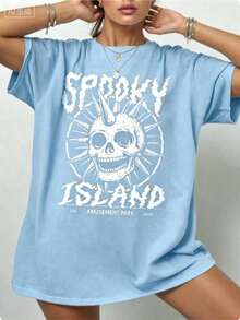 Gothic Punk Cotton T-Shirt,Spooky Island Skull Graphic Tee,Womens Street Concert Summer Top,Short Sleeve,Dark Aesthetic,Y2K Style,Edgy Fashion - 淺藍色 - 查看 6