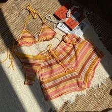 Nuevo bikini sexy con cuello halter, pantalones cortos de playa de punto con bloques de color, traje de baño de tres piezas BIKINI - Azul eléctrico - Ver 11