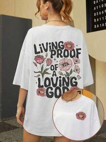 Camiseta con estampado floral para mujer "Vivo testimonio de un Dios amoroso", camiseta de fe de manga corta con cuello redondo y corte holgado, top cristiano con flores más vendido, camiseta para mujer para reuniones de amigos y familiares, vacaciones, transpirable y cómoda para mujeres. - Blanco - Ver 1
