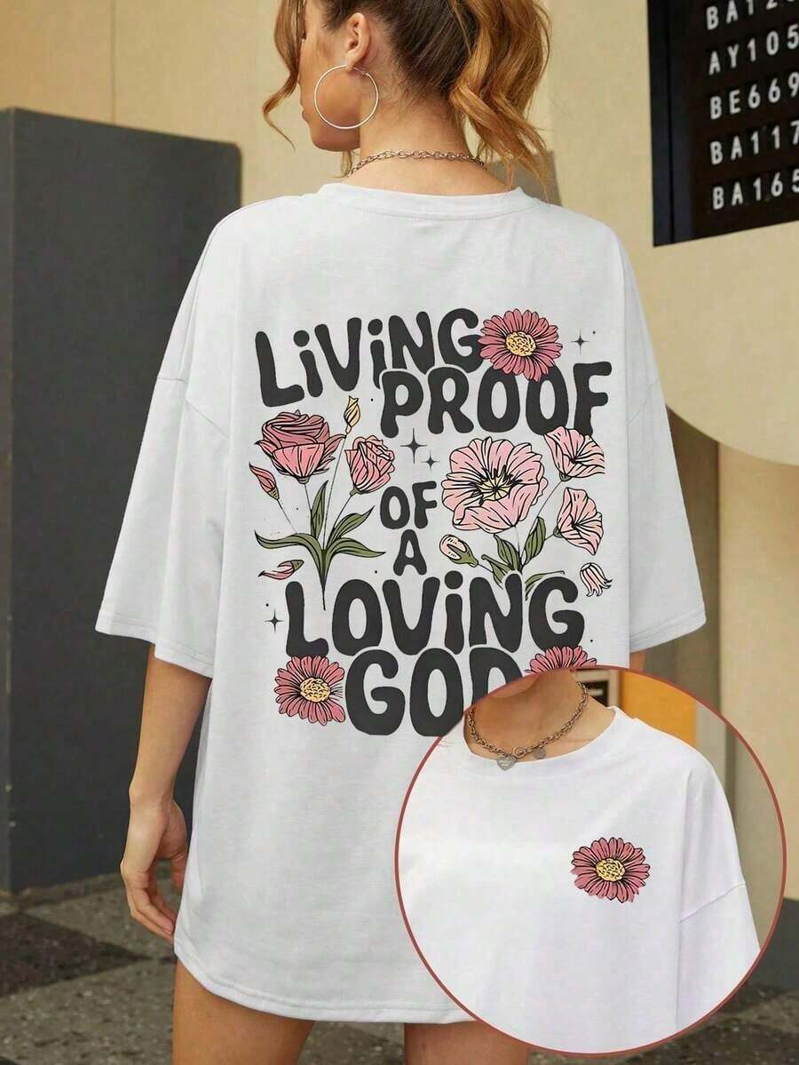 Camiseta con estampado floral para mujer "Vivo testimonio de un Dios amoroso", camiseta de fe de manga corta con cuello redondo y corte holgado, top cristiano con flores más vendido, camiseta para mujer para reuniones de amigos y familiares, vacaciones, transpirable y cómoda para mujeres. - Blanco - Ver 1