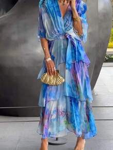 Long Printed Dress With Layers, Elegant Fitted Fashion Style Ideal For Holidays - 藍色 - 查看 6