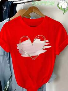 Women's Black T-Shirt With Gold Heart Print And Geometric Patterns - Casual Short-Sleeved Round Neck Top, Machine Washable, Ideal For Spring, Summer And Autumn, T-Shirt With Modern Print And Appliqué Details - [紅色的] - 查看 1