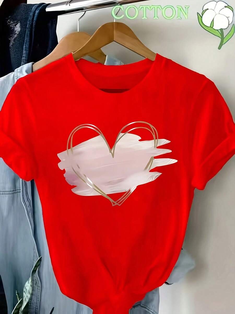 Women's Black T-Shirt With Gold Heart Print And Geometric Patterns - Casual Short-Sleeved Round Neck Top, Machine Washable, Ideal For Spring, Summer And Autumn, T-Shirt With Modern Print And Appliqué Details - [紅色的] - 查看 1