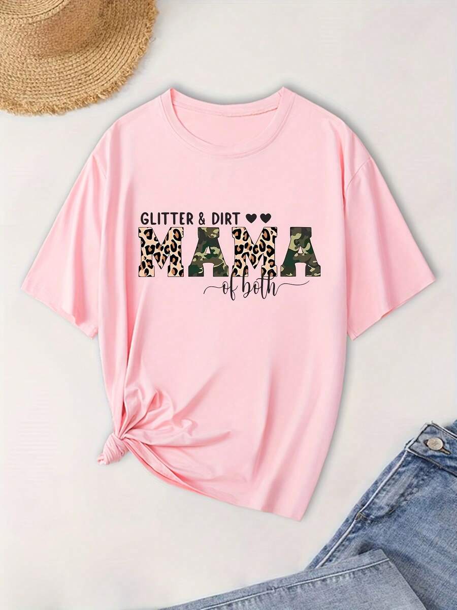 Camiseta de moda de talla grande, manga corta, con letras brillantes y cuello redondo. - Rosa - Ver 1