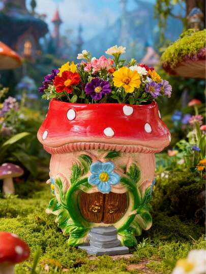 1pc Fairy Tale Mushroom House Modeling Resin Flowerpot Creative Garden Decoration Outdoor Garden Green Plant Succulent Planter Is Very Suitable For Planting Succulent Plants Ideal For Outdoor Garden Decoration, Ideal For Balconies, Terraces And Patios. Gardening Gifts Home Decor