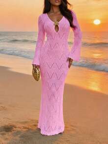Women's Red Knit Long Sleeve V-Neck Semi-Sheer Dress, Elegant Bohemian Vintage Resort Style Pink Vacation Beach Summer - Pink - View 6