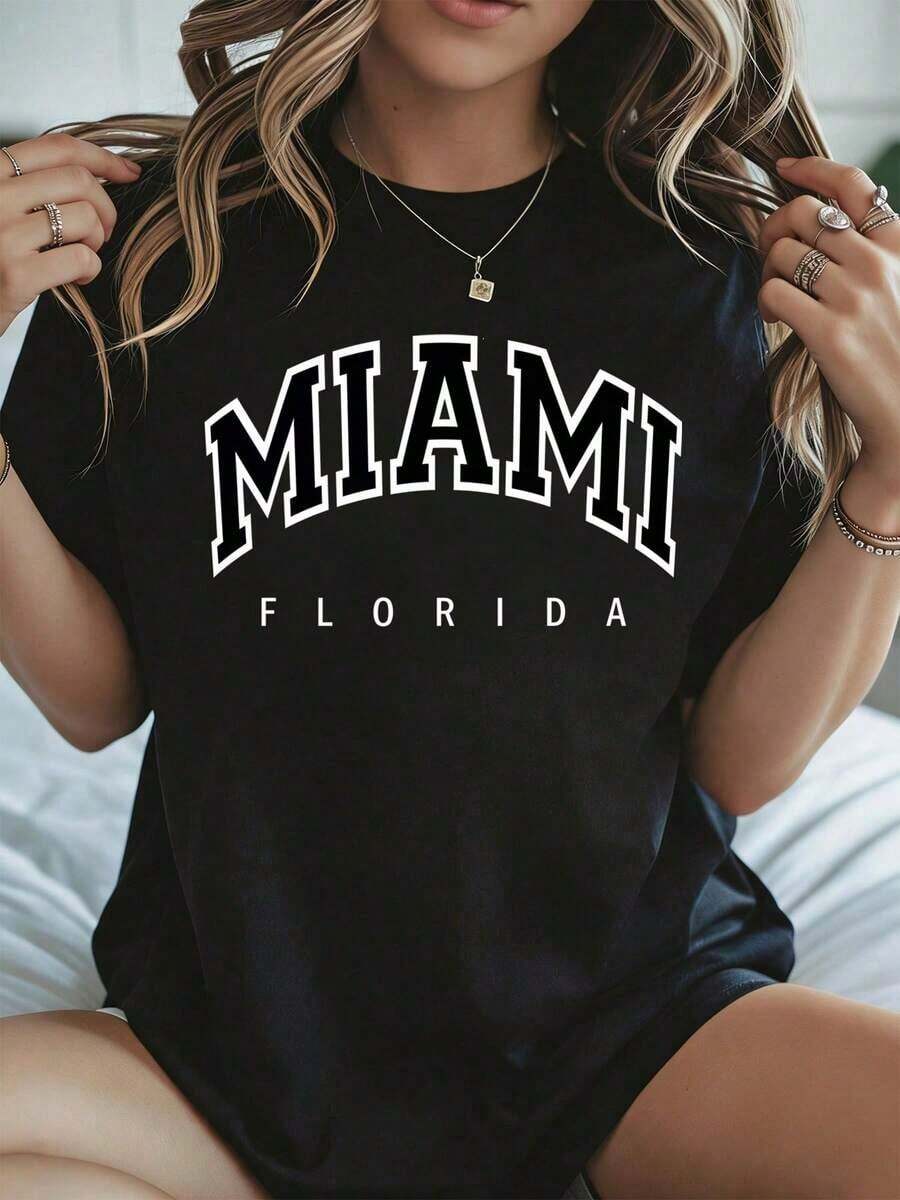 Elegant And Casual Women's Short Sleeve Round Neck T-Shirt, Miami Florida Print, White Casual Wear For Women, Spring And Summer. - 黑色 - 查看 1