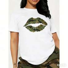 Women's Streetwear Camo Lip Print T-Shirt - Soft Knit, Breathable, Machine Washable, Casual Round Neck Shortsleeve Sports & Outdoor Top For All Seasons, Black With Green & Brown Accents - 白色 - 查看 5