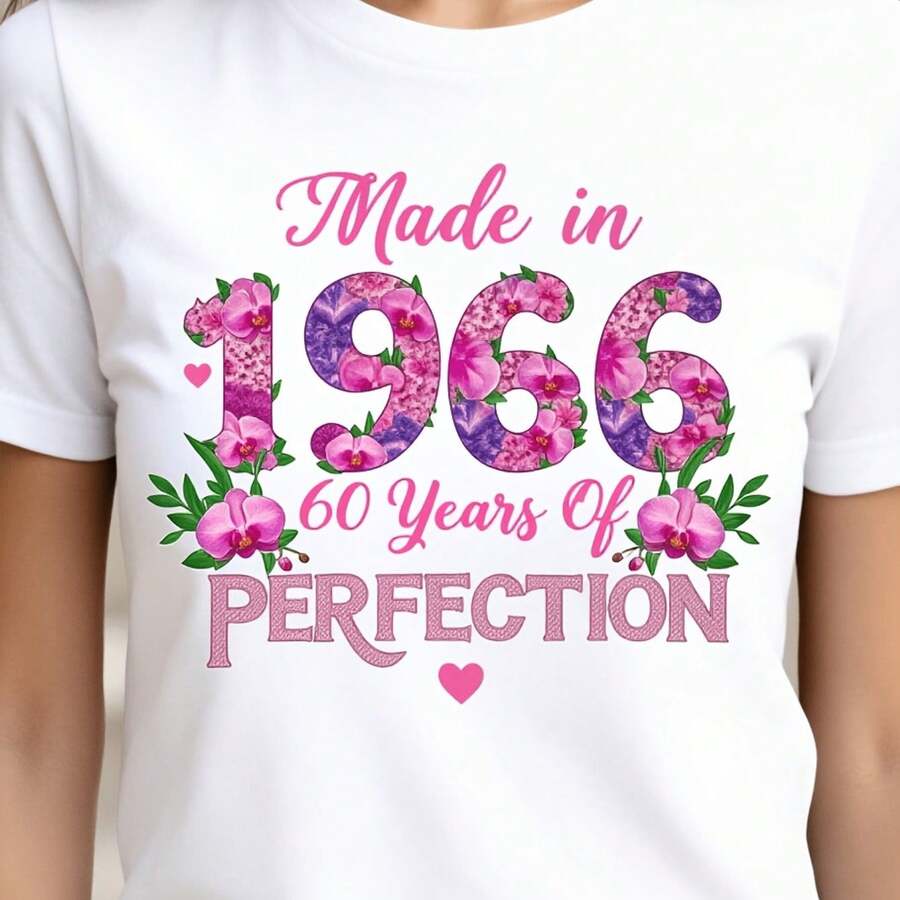 Women's T-Shirt "Made In 1966, 60 Years Of Perfection" With Pink Floral Design, Birthday Celebration Gift, 2D Women's T-Shirt, Casual Loose Fit, Slightly Stretched - 白 - 查看 1