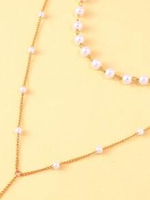 1 Peça Colar Dourado de Duas Camadas com Borla de Pérola e Decote Nas Costas, Acessório Elegante para Mulheres, Adequado para Casamento, Noivado - Dourado - Visão 5