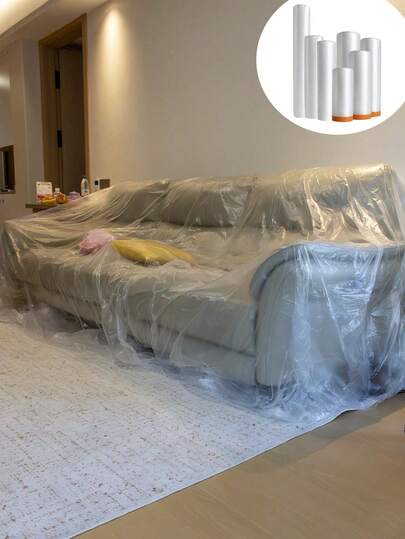 1 Roll Thick Plastic Dust Cover Film, Furniture Renovation Protection Film, Dust-Proof Plastic Film With Masking Tape, Waterproof Protection Film Dust-Proof And Oil-Proof Suitable For Furniture, Carpet, Floor, Packaging, Kitchen Decor, Home Goods, Mother's Day Gift, Bedroom Decor, Garden, Kitchen Decor, Summer, Beach, Travel Essentials, Room Decor, Soft Plush Toys, Graduation