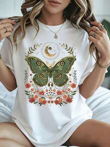 Elegante y casual mujer manga corta,Butterfly Moon And Flowers Print T Shirt For Women Halloween Gothic Style Black Casual Wear Autumn Winter - Blanco - Ver 1