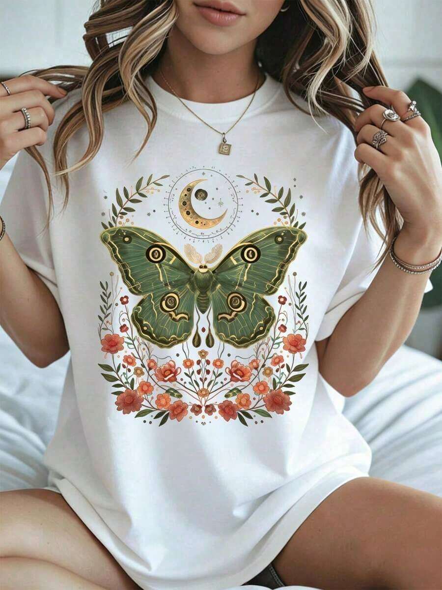 Elegante y casual mujer manga corta,Butterfly Moon And Flowers Print T Shirt For Women Halloween Gothic Style Black Casual Wear Autumn Winter - Blanco - Ver 1