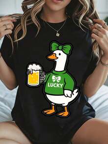 Elegante y casual para mujer, manga corta, camiseta con diseño de pato lindo y cerveza, pato de la suerte del Día de San Patricio con lazo verde y jarra de cerveza, camiseta blanca para mujer, ropa casual de primavera y verano. - Negro - Ver 8