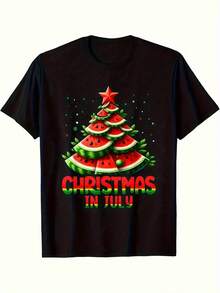 Christmas In July "Watermelon Tree Design T-Shirt - Black, Breathable And Soft, Casual Short Sleeve, Comfortable To Wear In All Seasons, Suitable For Both Men And Women, Summer Casual Wear.| Christmas Themed T-Shirt| Soft T-Shirt - 黑色 - 查看 8