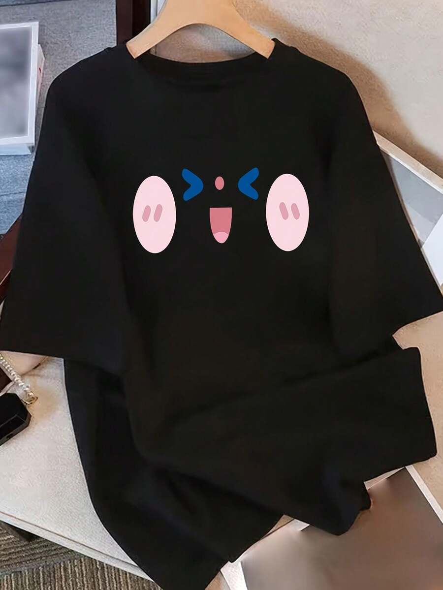 Women's Summer T-Shirt, Loose Fit, Round Neck, Versatile, Comfortable Women's Clothing, Popular Casual T-Shirt, Short Sleeve For Daily Wear, Women's Going Out Tops - 黑色 - 查看 1