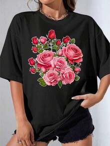 Camiseta Negra y Blanca para Niña, Camiseta Blanca de Talla Grande con Estampado Floral de Rosas Rosadas para Uso Casual, Fiesta al Aire Libre, Camiseta Estampada Casual de 180g - Negro - Ver 1
