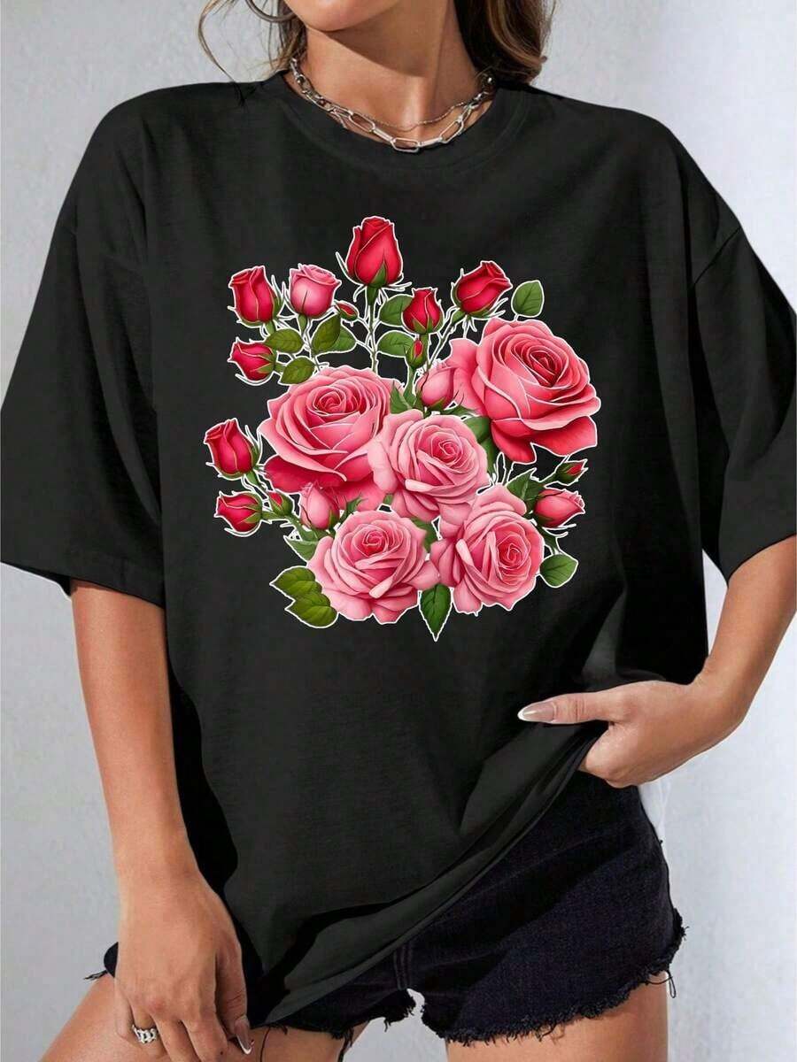 Camiseta Negra y Blanca para Niña, Camiseta Blanca de Talla Grande con Estampado Floral de Rosas Rosadas para Uso Casual, Fiesta al Aire Libre, Camiseta Estampada Casual de 180g - Negro - Ver 1