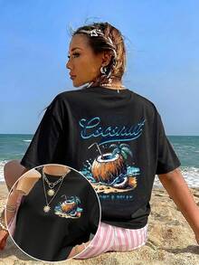 Camiseta de manga corta informal para mujer, estilo retro americano, para vacaciones de verano en la playa, 100% algodón, holgada, con estampado doble de palmeras, olas de coco y el paraíso en la playa en la parte delantera y trasera. Camiseta de manga corta transpirable para mujer adulta, ideal para la temporada de regreso a clases, adecuada para actividades al aire libre, regalo ideal. - Negro - Ver 1