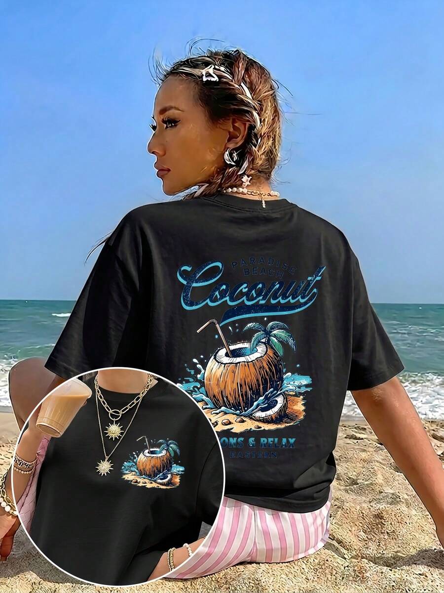 Camiseta de manga corta informal para mujer, estilo retro americano, para vacaciones de verano en la playa, 100% algodón, holgada, con estampado doble de palmeras, olas de coco y el paraíso en la playa en la parte delantera y trasera. Camiseta de manga corta transpirable para mujer adulta, ideal para la temporada de regreso a clases, adecuada para actividades al aire libre, regalo ideal. - Negro - Ver 1