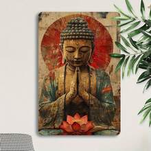 1件复古佛像金属墙饰 - 8x12英寸铁艺牌匾，饰有莲花，营造宁静冥想氛围，适用于家居、办公室、俱乐部和咖啡馆，易于安装，禅意家居装饰，预钻孔如图所示 - 多色 - 查看 6