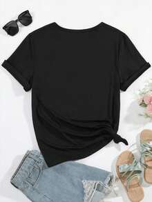 Women's Casual Top For Summer And Spring With A Crew Neck And Short Sleeves Featuring A Graphic Print On The Front - Black - View 2