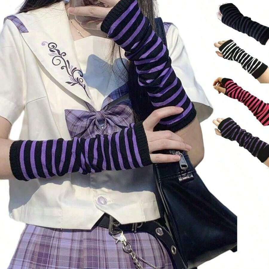 Arm Covers Cute Women Kawaii Japanese Harajuku Goth Half Finger Knitted Arm Warmer Y2K Gloves Arm Sleeve For Girl - 紫色 - 查看 1