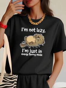 2026 Summer New Arrival, "I'M Not Lazy" Otter Text Pattern, Casual Printed Round Neck Short Sleeve Top And Elastic Waist Pocket Shorts Women'S Two-Piece Set - T恤 - 查看 3