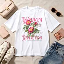 Retro Vintage, Wisdom Reflection Floral Design, 100% Cotton Oversized Soft Breathable, Casual Crewneck Short Sleeve Top, Romantic Aesthetic Summer Vibes, Streetwear Kawaii Style - Blanco - Ver 1