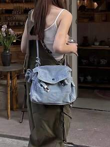 Túi đeo chéo denim wash mới mùa Xuân/Hè 2026, túi tote cỡ lớn kiểu retro có nắp gập, túi đeo vai và đeo chéo đa năng dành cho nữ. - Màu xanh lam - Xem 5
