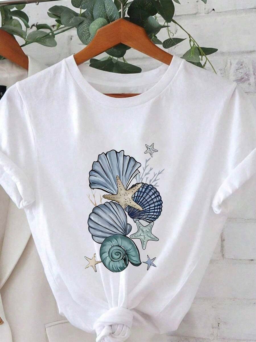 Soft Seashell Collection, Seashell And Starfish Print With Relaxing Ocean Motifs, Plus Size Women's Round Neck Short Sleeve T-Shirt, Spring-Summer, Elegant Blouses For Women. - White - View 1