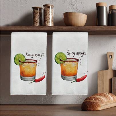 2pcs Kitchen Towels, Margarita Wine Glass & Lemon Print, 40*60cm Absorbent Microfiber Dish Cloths, Modern Decor, Housewarming Gift, Suitable For Kitchen & Bathroom