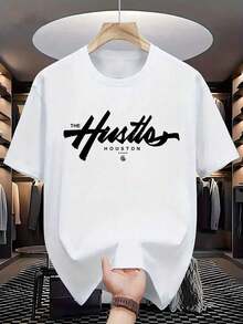 Men's Fashion Lightweight T-Shirt With Graffiti Style Print: Printed With The Houston "Hustle" Symbol, Crew Neck, Comfortable Polyester Fabric, Suitable For Everyday Wear, Fashionable Streetwear, 100% Cotton For Men, Unisex. - 白色的 - 查看 7