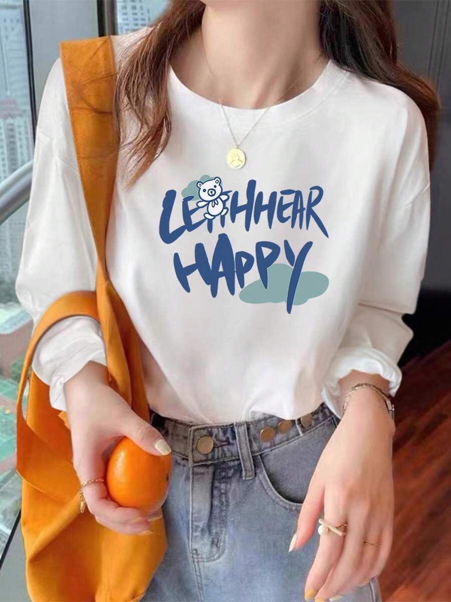 Camiseta con estampado de camisa casual para mujer, manga corta y cuello redondo, moda urbana local de primavera/verano camiseta unisex. 2K9J - Oso HAPPY de manga larga - Ver 1