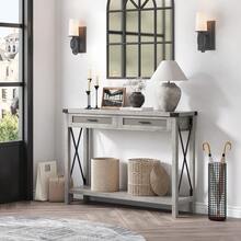 43-Inch Bohemian Console Table For Entryway, Rattan Drawers, Wooden Entryway Or Sofa Table With Storage, Decorative Design For Living Room, Hallway Or Foyer - Grey - View 2