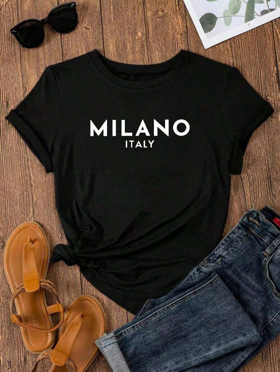 Camiseta de Cuello Redondo con Estampado de Letras Milan, 100% Algodón, Camiseta Casual de Manga Corta para Primavera Verano, Ropa de Mujer - Negro - Ver 1