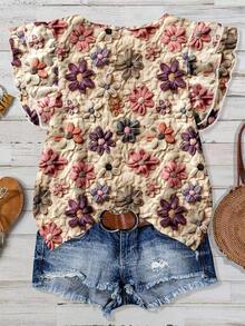 Camisa floral elegante y casual para mujer de talla grande, adecuada para el verano - Albaricoque - Ver 2