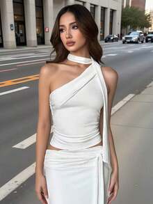 Blusa elegante de un hombro con pliegues negra de verano para mujer - Blanco - Ver 6