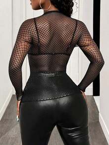 Top de manga larga de malla transparente y ajustado de moda para el verano, blusa de mujer sexy y transparente de manga regular, de cuello alto y ajustada, color liso negro, para uso casual diario en primavera/otoño - Negro - Ver 2