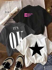 3 piezas/Set Camisetas cortas de ajuste ceñido con estampado de estrella OK minimalista casual para mujer, verano - Multicolor - Ver 6
