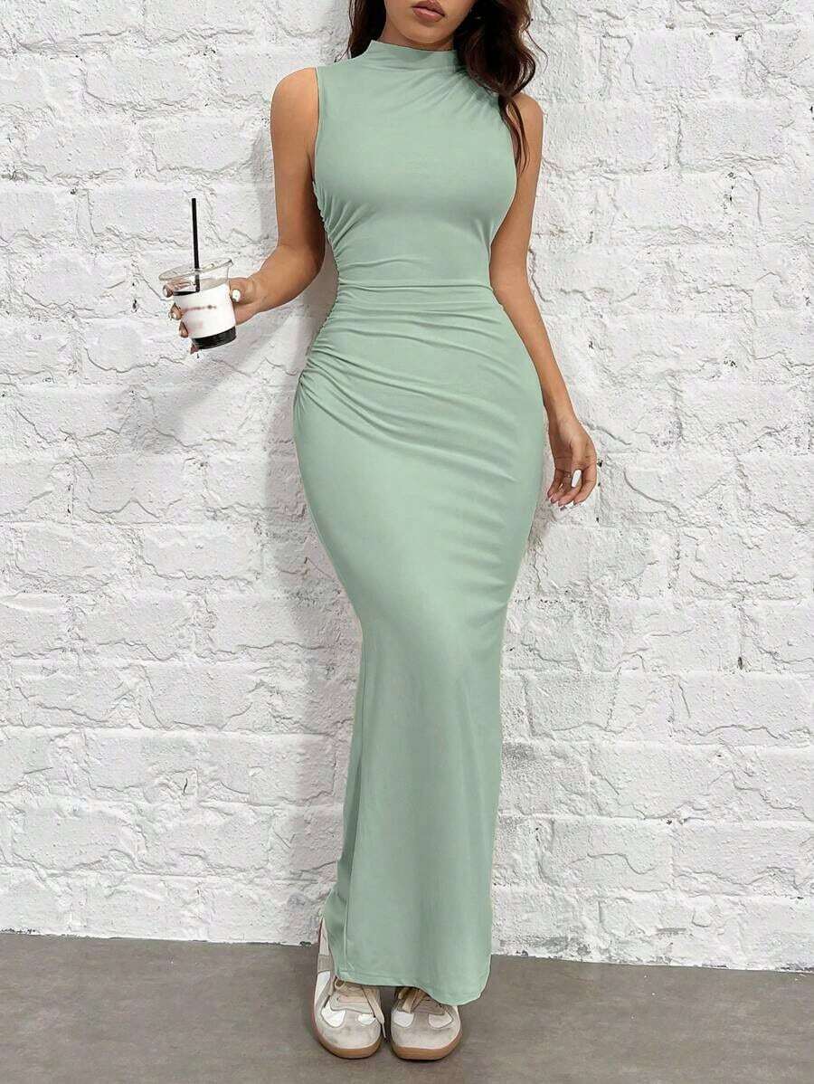 Vestido De Sirena Ajustado De Cuello Alto Tejido Para Mujer En Color Albaricoque - verde menta - Ver 1