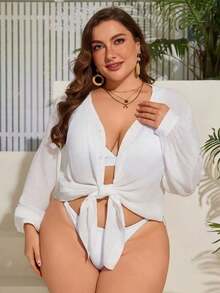 Kimono De Talla Grande De Color Sólido Con Cierre Delantero De Hebilla Y Manga De Linterna - Blanco - Ver 3