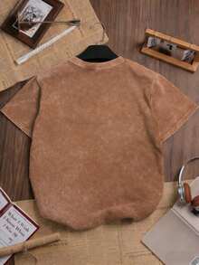 New Heavy Cotton T-Shirt, American Retro Vintage Washed Distressed Charcoal Solid Color Crew Neck Top, Large Size, Relaxed Fit Women's T-Shirt. - 咖啡棕 - 查看 2