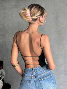 Camiseta De Tirantes Corta Sin Espalda Y Ajustada Con Un Solo Color Para El Verano - Negro - Ver 6