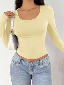 Camiseta de manga larga de ajuste ceñido con cuello alto y mangas raglán, estilo minimalista casual para mujer, primavera/otoño - Amarillo - Ver 1