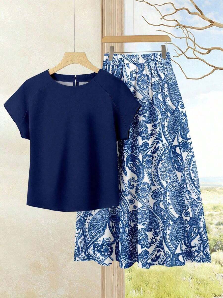 Set de 2 piezas Blusa de unicolor + Falda estampada con flores moradas de estilo casual de vacaciones para mujer, Conjunto de verano para mujer, Conjunto de falda y blusa, Conjunto de falda y blusa para mujer, Conjunto de falda estampada de pri - Multicolor - Ver 1