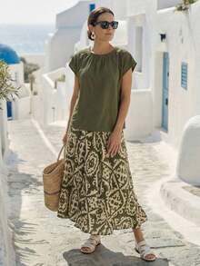 Set de 2 piezas Blusa de unicolor + Falda estampada con flores moradas de estilo casual de vacaciones para mujer, Conjunto de verano para mujer, Conjunto de falda y blusa, Conjunto de falda y blusa para mujer, Conjunto de falda estampada de pri - Multicolor 12 - Ver 3