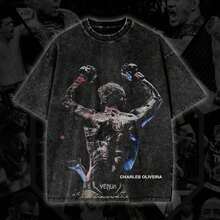 Limited Edition Charles Oliveira  Retro T-Shirt, Large Size, Unisex, Heavyweight Cotton T-Shirt By Charles Oliveira , Premium  Graphic T-Shirt, Fighter Graphic T-Shirt, Soft Cotton Retro T-Shirt For MMA, Perfect Gift For  And Sports Fans D25 - 黑色 - 查看 1